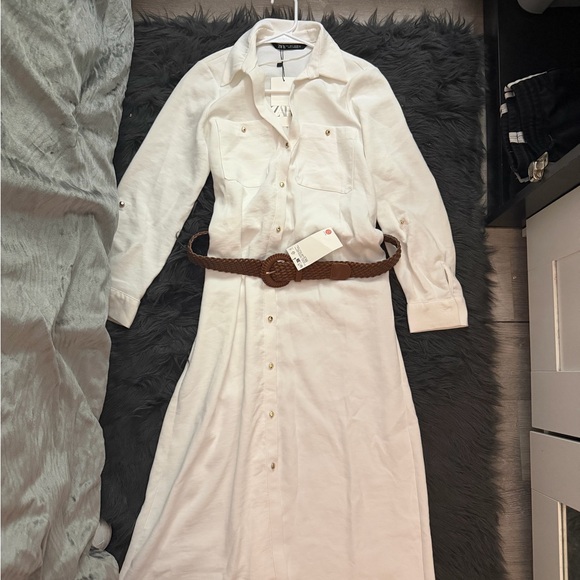 Zara White Long Sleeve Button-Front Shirt Dress with Brown Woven Belt - Picture 5 of 7